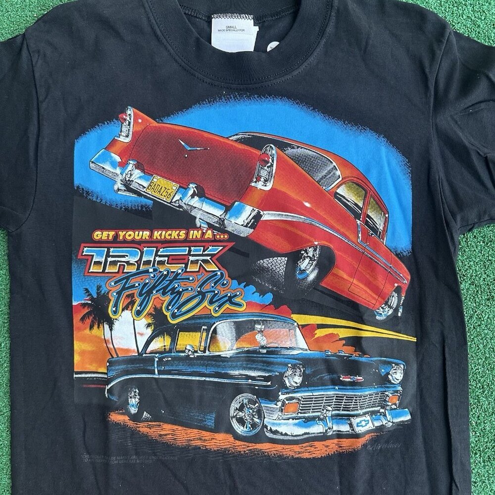 Vtg Airways Chevrolet Mens S Black Tee Get Your Kicks In A Trick Fifty Six - Picture 3 of 9